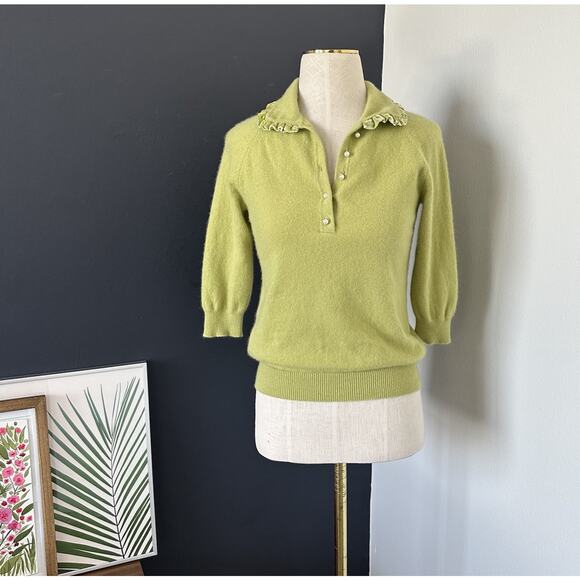 Cynthia Steffe Cashmere Pistachio Green Pearl Button Sweater Peter Pan Preppy - Picture 1 of 8